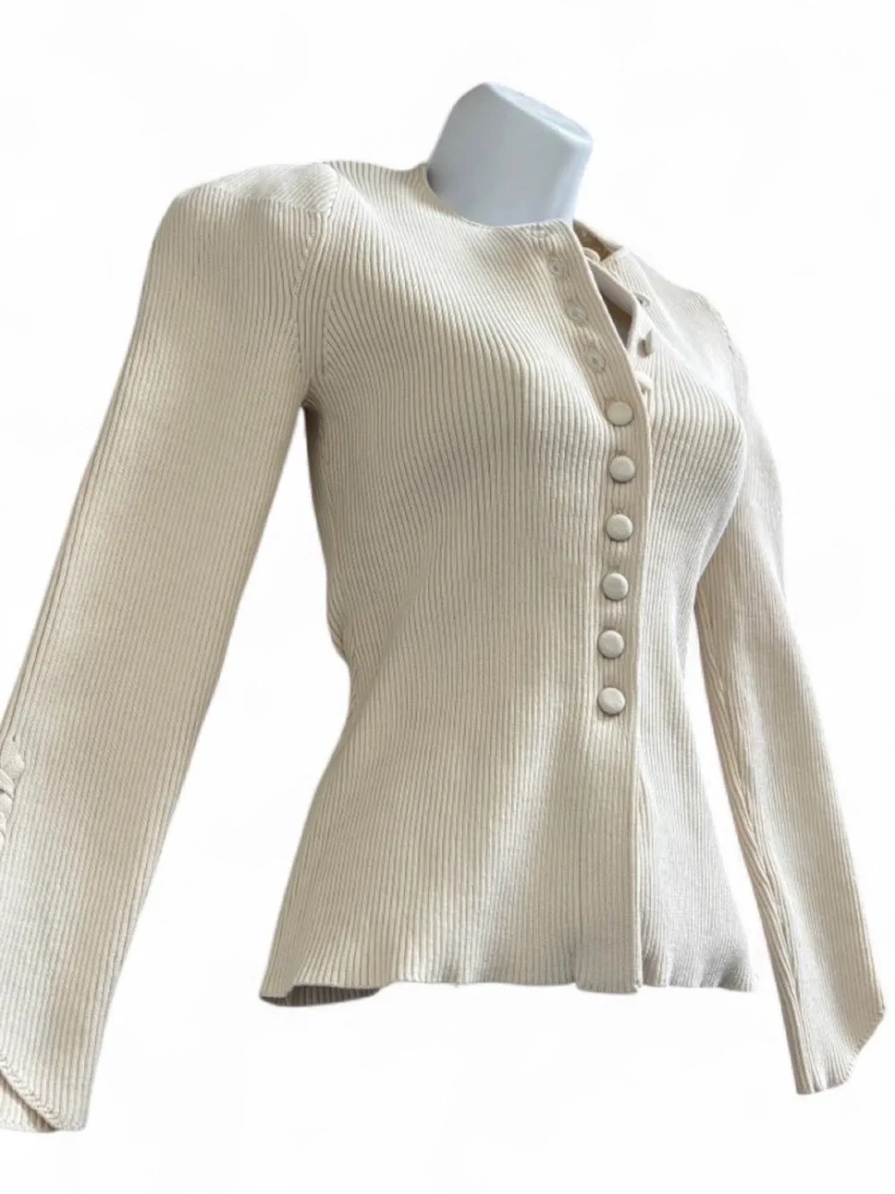 Zara Preppy Grunge Biker Office Work Cream Ribbed Button-Front Long Sleeve Top